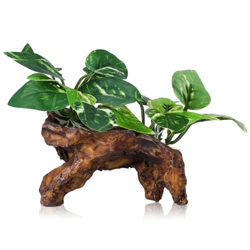Artificial Aquarium Ornaments Silk Leaf Betta Fish Tank Decoration Driftwood Cave Decor for Reptiles Plants Driftwood Accessories