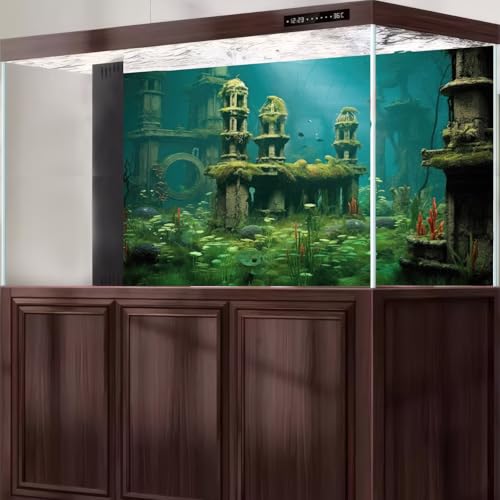 Underwater Scene Fish Tank Background Sunken Ancient City Ruins Aquarium Background Submerged City Sea Plants Lush Moss Terrarium Backgrounds Coral Reef Reptile Tank Enclosure Backgrounds 24x12in - color: Green_Light Blue, size: 24(W)x12(H)in