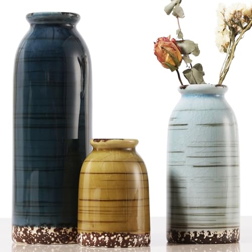 Joeabor Ceramic Vase Set of 3 - Handcrafted Ceramic Vases for Home Decor & Shelf - Modern Farmhouse Decor for Kitchen, Office, Bedroom & Living Room Decorative Objects for Mantel, Table Centerpieces - color: Set B