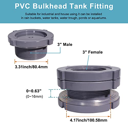 3 Inch PVC Bulkhead Water Tank Connector Adapter Fitting with Plugs Thru-Bulk Pipe Fitting for Rain Barrels, Aquariums, Ponds(Set of 1) - size: 3"-1pcs