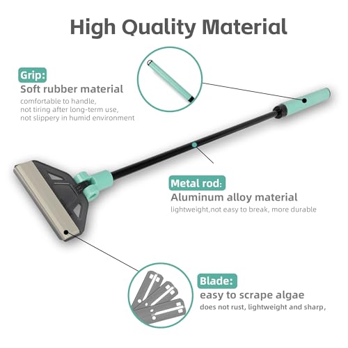 Algae Scraper for Glass Aquariums, 2 in 1 Adjustable Algae Scraper with 5 Stainless Steel Blades and Cleaning Brush, Aquarium Glass Cleaning Tools for 20-40 Gallon Fish Tank