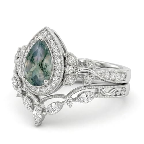 Natural Moss Agate Engagement Ring Set for Women, Unique Genuine Moss Agate Ring, 925 Sterling Silver 10K 14K 18K Solid Gold Nature Inspired Bridal Set, Boho Wedding Jewelry Gift - color: Three