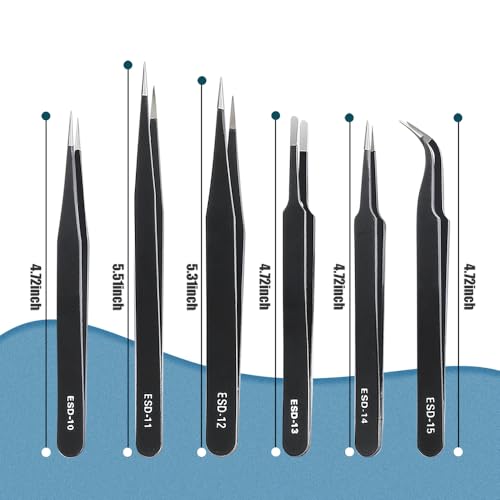 6 Pcs Precision Tweezers Set, Premium Anti-Static Stainless Steel Tweezer, ESD Curved of Tweezers for Electronics, Craft, Laboratory Work, Jewelry-Making, etc