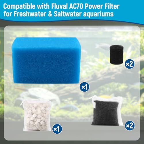 Big Peng AC70 Aquarium Filter Media Maintenance Kit Compatible with Aquaclear Fluval AC70 Power Filters, Includes 1 Blue Foam, 2 Activated Carbon, 1 BioMax Pellets, 2 Intake Strainer Sponge