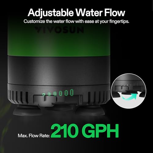 VIVOSUN 210 GPH 10W Submersible Water Pump, with Adjustable Water Flow, 4.9ft Tubing, Additional Ceramic Shaft, and Outlet Adapters, for Fish Tanks, Aquariums, Hydroponics, Fountains - size: 210 GPH