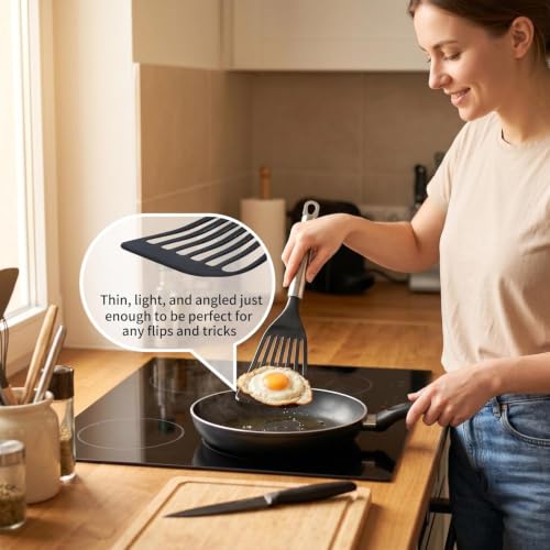 KSENDALO 2 Thin Flexible Nylon Fish Spatula Set for Nonstick Cookware Fish Spatula Egg Flipper Hollow Steel Handle, LFGB Certified Nylon Thin Blade Sturdy Hollow Handle Dishwasher Safe- Silver/Black - size: Medium (2 Pack)