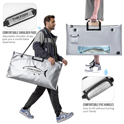 THKFISH Fish Tournament Weigh in Bag for Bass Fishing, Heavy Duty Insulated Live Fish Bag for Caught Fish with Waterproof Zipper and Mesh Liner, Leakproof,Puncture Resistant(Silver-32×19.7in) - color: Silver-32×19.7in