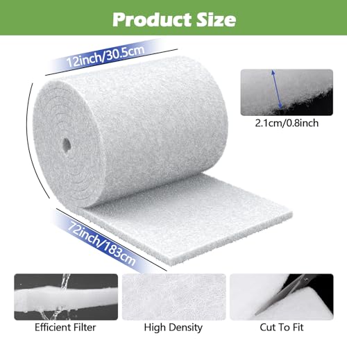 Pond Filter Pad, 12"x72"x1.1" – 6 sq ft White Reusable & Washable Foam Media for Outdoor Fish Ponds, Aquariums & Water Gardens - size: 12“x72"x1.1"