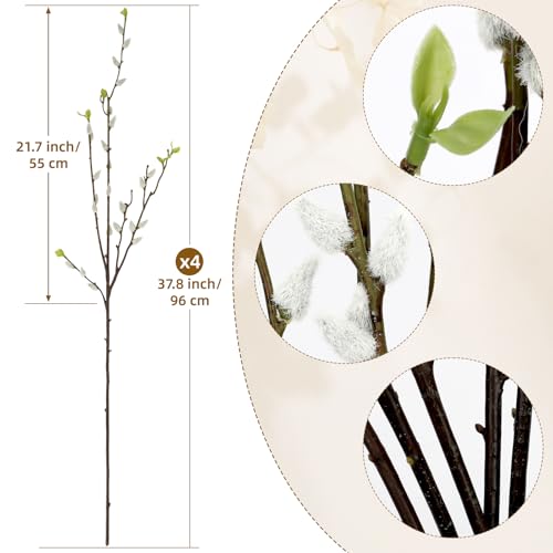 4 Pcs 37.8Inch Artificial Pussy Willow Branches for Vases 8 Branches Long Stem Faux Pussy Willow Stems for Home Office Kitchen Wedding Bridal Party Indoor Outdoor Table Vase Filling Decor - color: 37.8inch White, size: 4 PCS