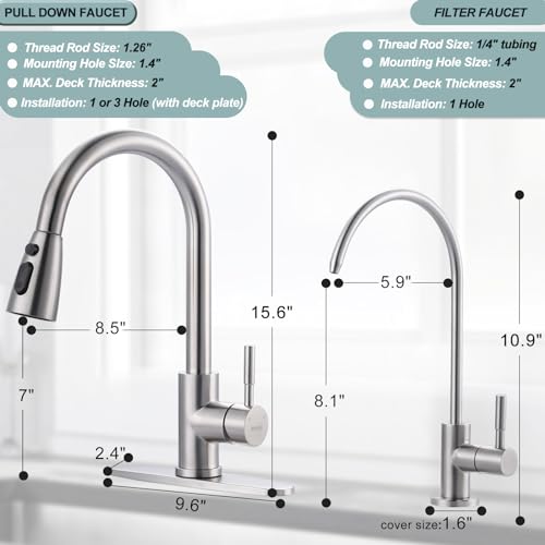 Kitchen Faucet and Water Filter Faucet Combo, WOWOW Stainless Steel Kitchen Sink Faucet with Drinking Water Faucet for Reverse Osmosis or Water Filtration System, Brushed Nickel - color: A: Brushed Nickel, style: Kitchen Faucet & Filter Faucet