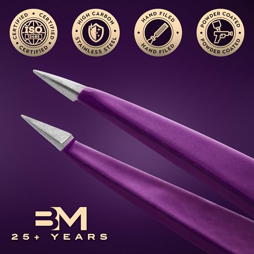 Pointed Tweezers | Stainless Steel | Hand-Filed Point Tips for Ultra Precision | Tweezers for Ingrown Hair & Eyebrows | For Men and Women | Effortless Plucking | Professional | Purple - color: Purple