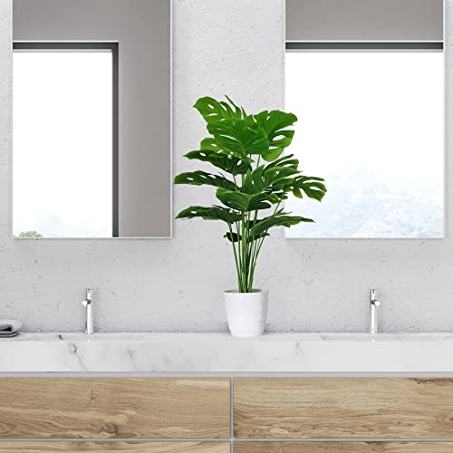 SAJANDAS Set of 2 Artificial Monstera Deliciosa Plants in Pots, Fake Tropical Palm Tree with Greenery Leaves Stems, 28 Inch Artificial Cheese Plant for Home Bathroom, Office, Windowsill Decor - size: 28 inch