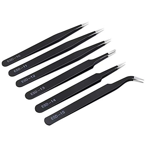 6PCS Precision Tweezers Set, Upgraded Anti-Static Stainless Steel Curved of Tweezers, for Electronics, Laboratory Work, Jewelry-Making, Craft, Soldering, etc, by kaverme. - style: 6pcs