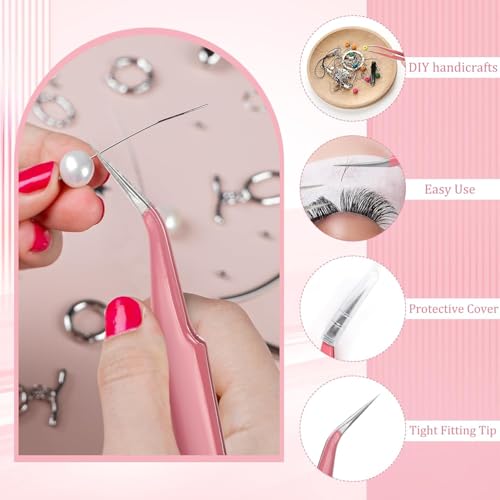 H&W Pink Precision Tweezers 6PCS Set, Upgraded Anti-Static Stainless Steel Curved of Tweezers for Women, for Electronics, Laboratory Work, Jewelry-Making, Craft, with Storage Bag - color: Pink