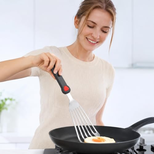 KSENDALO Thin Flexible & Sturdy Fish Spatula Stainless Steel for Kitchen Cooking Use Fish Spatula Egg Flipper Bbq Flipper Stainless Steel Blade Silicone Handle Heat Resistant Dishwasher Safe-Silver
