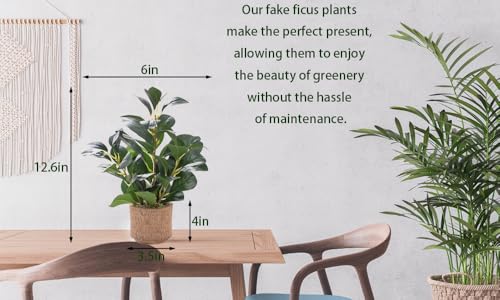 12.6" Fake Plants in Brown Ceramic Vase Realistic Ficus Leaf Faux Plant for Desk Book Shelf Bathroom Office Kitchen Counter Bedroom Small Space Ready to Display Artificial Indoor Plant Decor