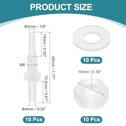 uxcell 10Pcs Plastic Hose Barb Fitting, 1/8" x 5/32" Bulkhead Adapter Union Splicer Mender Pipe Connector with M6 Nut and Washer for Aquarium Air Water Fuel - size: 1/8" x 5/32", M6 Nut