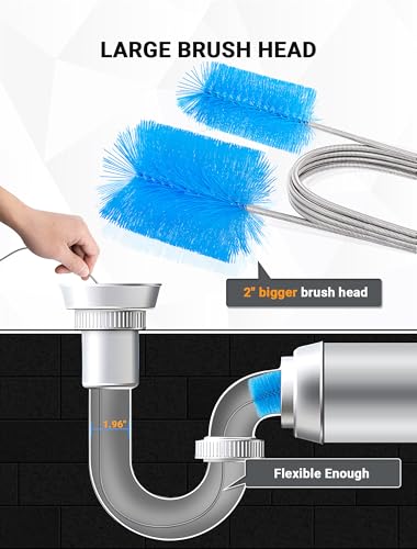 SARDVISA Flexible Long Drain Brush Tool with Large Double Elastic Nylon Ends, Stainless Steel Tube Cleaner Brush for Kitchen, Sink, Drain Pipe, and Long Pipe Cleaning, 2 Straw Cleaning Brushes