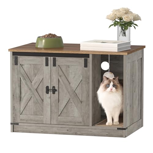 Hzuaneri Cat Litter Box Enclosure, Hidden Litter Box Cabinet Furniture with Bell, Indoor Cat House, Farmhouse Style, 31.5 x 19.7 x 20.9Inches, for Hallway, Bedroom, Light Ivory and Brown CB82405X - color: Light Ivory and Brown, size: 31.5"L x 19.7"W x 20.