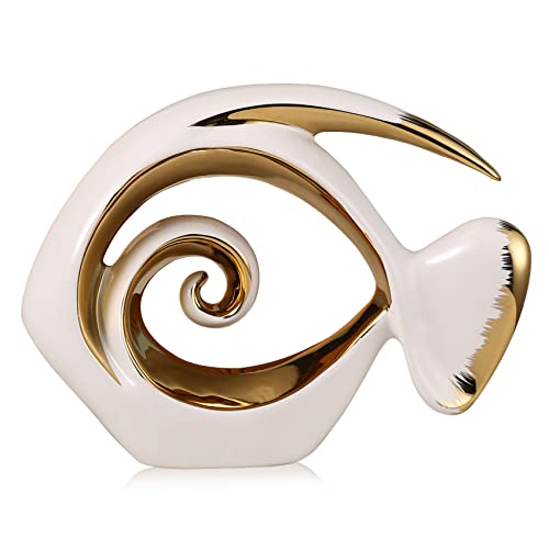 White Gold Ceramic Fish Figurines - Coastal Home Decor, Modern Ocean Centerpieces for Living Room, Dining Area, Bathroom, Office, Coffee Table, Beach House, Nautical, Seaside, Entrance, Shelf Display - color: White, size: Small