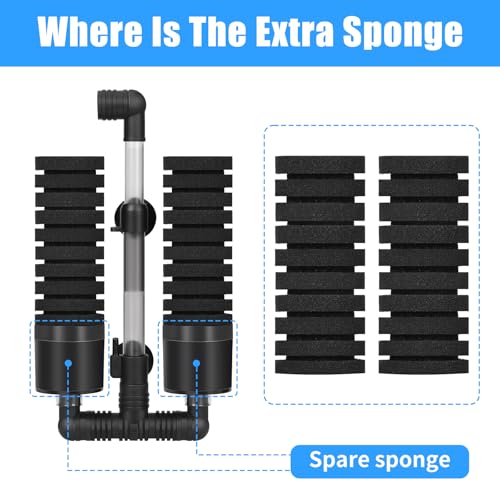 AQUANEAT Aquarium Air Powered Sponge Filter with Ceramic Media Balls, for Betta Fry Shrimp Fish Tank, with 2 Spare Sponges, up to 40Gal - size: Middle