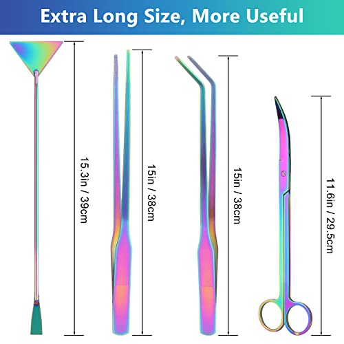 Aquarium Aquascape Tools Kit 15 in, 4in1 Anti-Rust Aquatic Plant Aquascaping Tool Stainless Steel Silver Tweezer Scissors Spatula for Aquarium Tank Clean (15in, Colorful) - color: Colorful