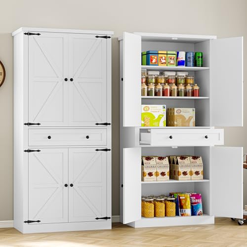 BORNOON Pantry Organizers and Storage Cabinet, 67.7” Barn Door White Kitchen Cabinet with Drawers and Adjustable Shelf, Tall Pantry for Kitchen, Dining Room, Living Room - color: White, size: Single Drawer