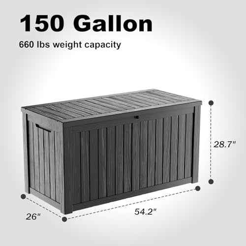 PatioZen 150 Gallon Resin Deck Box, Lockable Patio Outdoor Storage Box for Furniture, Garden Tools and Tools Storage, Waterproof Outside Storage Boxes - Black - color: Black, size: 150 Gallon