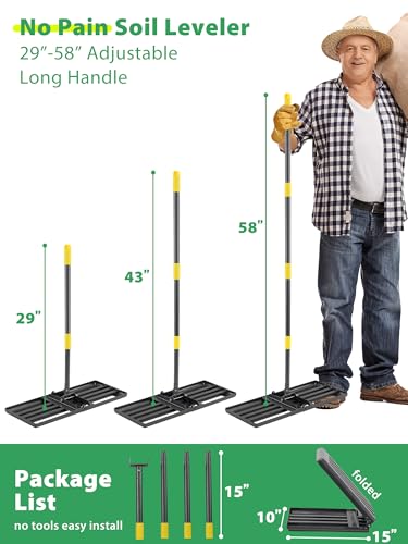 Lawn Leveling Rake Heavy Duty, 30x10 in Large Soil Leveling Rake, Ground Leveler with Anti Flipping Smooth Edge for Dirt Sand Grass Golf, 58" Long Handle, Foldable Garden Landscaping Levelawn Tools