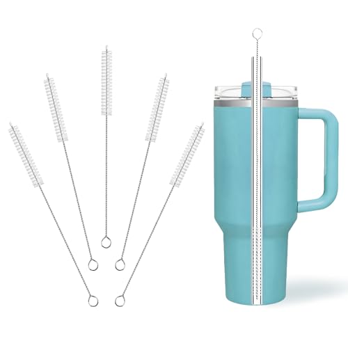 Cleaning Brushes for Reusable Drinking Straws, Set of 5, Long Wire Handle, Bottle and Straw Cleaner for Stanley Mug, Sippy Cup, Water Bottle and Tubes, Reusable and Flexible - color: white000001