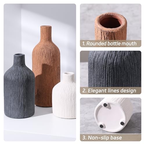 Ceramic Vase Set, 3Pcs Flower Vases for Modern Boho Farmhouse Decor, Decorative Vases for Pampas Grass & Dried Flowers, Distressed Finish - color: L