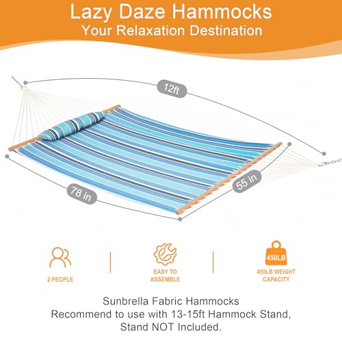 Lazy Daze Hammocks 12 FT Sunbrella Fabric Hammock Non-Fading with Spreader Bars and Free Pillow Fits for 2 Persons, All Weather and Fade Resistant for Patio Yard, 450 lbs Capacity, Dolce Oasis - color: Dolce Oasis