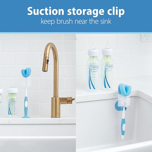 Dr. Brown's Reusable Sponge Baby Bottle Cleaning Brush Set with Suction Cup Stand, Scrubber and Nipple Cleaner, Blue 3-Pack - color: Blue Bottle Brush, size: 3-Pack