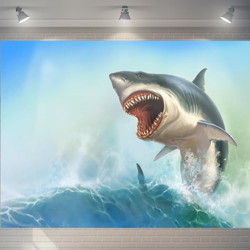10x6ft Fabric Shark Theme Backdrop Blue Ocean Emerging White Shark Animal Photography Background Aquarium Kids Party Decorations Photo Banner Photo Shoot Props - size: 10x6 FT