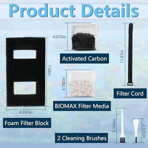 Aquarium Filter Media Set for Fluval SPEC, EVO, Betta and Flex Desktop Aquarium Series, Includes 1 Biomax Filter Media, 1 Carbon Filter Refills, 1 Foam Filter, 1 Filter Cord and 2 Cleaning Brushes