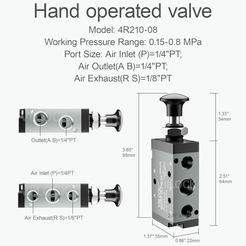 Pneumatic Air Hand Lever Valve, 5 Way 2 Position 1/4”NPT Solenoid Valve Manual Control Direct Driving Type Push-Pull 4R210-08