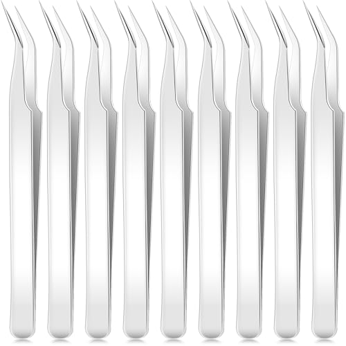 Honoson 9 Pieces Curved Pointed Craft Tweezers Stainless Steel Precision Tweezer with Protective Cover for Rhinestones Dried Flowers Craft Stickers Eyelash Extension Jewelry Making(Silver) - color: Silver