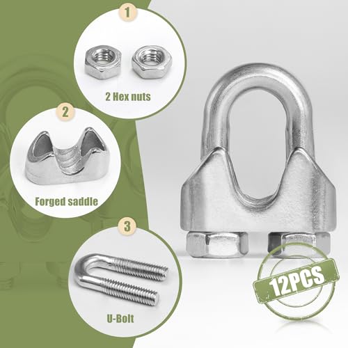 12pcs M8 Wire Rope Clamp, 5/16 inch Cable Clamps Stainless Steel Wire Rope Clips - size: M8