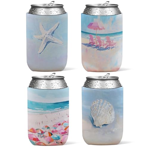 4 Pack Coastal Ocean Beach Reusable Neoprene Insulator Cup Sleeve for Cold and Hot Drinks, Coastal Beachy Seashell Starfish Can Drink Sleeves Cooler Sleeves Gifts for Women Teens - color: Coast Blue Pink-cup