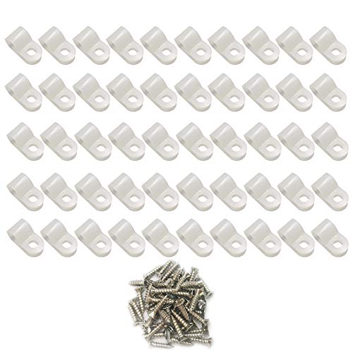 Cable Clamp R-Type Cable Clip Wire Clamp 1/4-inch Nylon Screw Mounting Cord Fastener Clips with Screws for Wire Management - White - 50 Pcs - size: 1/4" White