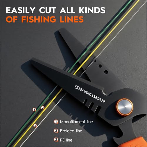 BasicGear Fishing Multi-Tool Scissors – Titanium-Coated, Stainless Steel, Multi-Tool Cutter with Hook Adjuster, Screwdriver, Bottle Opener, Sheath & Non-Slip Grip for Saltwater or Freshwater Use - color: 440c Stainless Steel