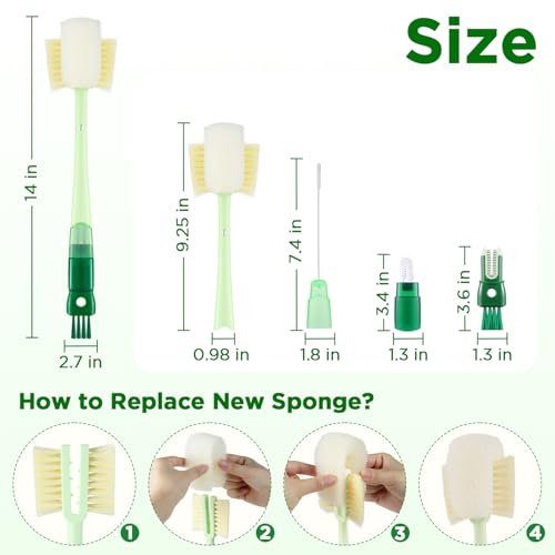 OUTXE 6 Pack Bottle Brush Set, 5-in-1 Water Bottle Cleaner Brush, 14" Long Handle Bottle Cleaning Brush, 3 Straw Brush, Removable Nipple Detail Brush for Cup Lid Gap, with Replecement Sponge - color: Green, size: 6 Pack