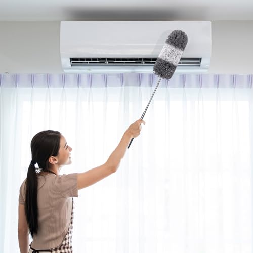 Tanlade 12 Pcs Microfiber Feather Duster for Cleaning 13-31 Inch Extendable Cobweb Dusters Ceiling Fan Duster Washable Bendable Tool for Office Car Window Furniture (Gray White) - color: Gray White