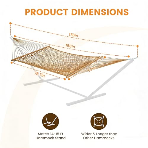 Lazy Daze Hammocks 13-FT Polyester Rope Hammock, Double 2 Person Traditional Hand Woven Outdoor Hammock with Spreader Bar, Carabiners, Tree Straps, Chains for Outside Patio- Max 450 Lbs, Tan - color: Tan