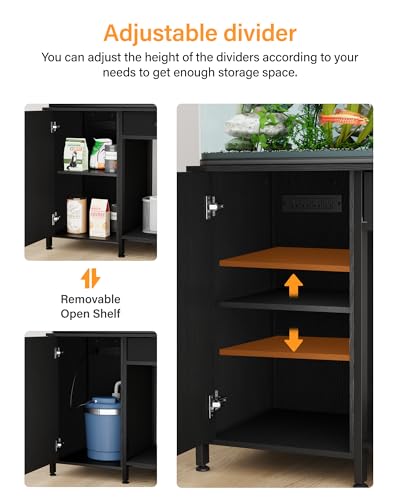 55-75 Gallon Fish Tank Stand, Aquarium Stand with Cabinet Accessories Storage, Metal Frame Turtlr Tank Stand with Power Outlets, 40.55" L*18.89" W Tabletop, Black (Black, 55-75 Gallon)