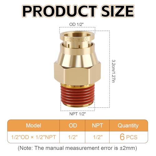 6PCS DOT Quick Push to Connect Brass Air Brake Fitting, Kalolary Brass Straight DOT Line Fittings 1/2"OD×1/2"NPT Thread Air Brake Line Fittings, Air Suspension Kit, Air Hose Repair Kit - size: Straight 1/2"OD ×1/2"NPT