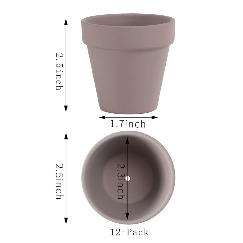 Yishang 2.5 inch Grey Terracotta Pots with Drainage Holes,Small Mini Clay Ceramic Pottery Planter,Cactus Flower Terra Cotta Pots,Succulents Nursery Pots for Indoor/Outdoor Plants,Crafts-12 Pack - color: Gray