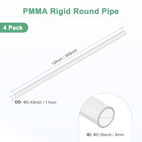 M METERXITY 4-Pack Clear Rigid Acrylic Pipe, 9mm[0.35"] ID x 11mm[0.43"] OD Plastic Round Tube for Water Cooling System/Lamps/Fountains/Aquariums/Display Stand, Acrylic Tubing [305mm/12IN] - size: 9mm ID x 11mm OD