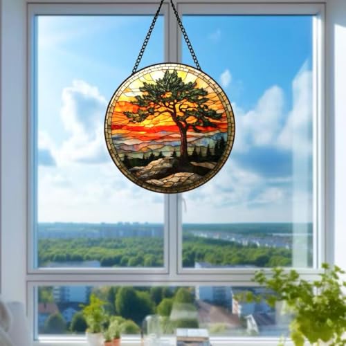 HOTIYOK Pine Tree Acrylic Window Hanging Sunset Mountain View Stained Wall Decor, Ideal Housewarming Gift, Home Decor for Women Grandma Wife Teacher