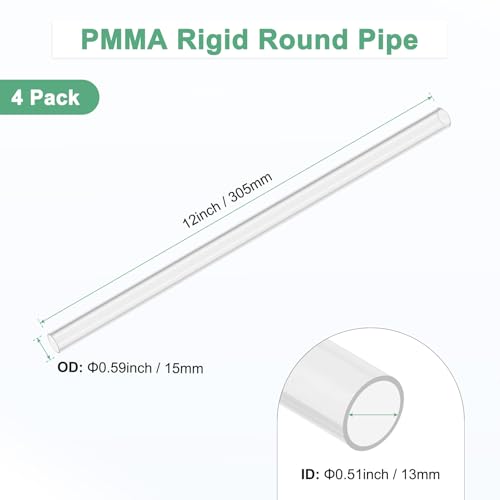 M METERXITY 4-Pack Clear Rigid Acrylic Pipe, 13mm[0.51"] ID x 15mm[0.59"] OD Plastic Round Tube for Water Cooling System/Lamps/Fountains/Aquariums/Display Stand, Acrylic Tubing [305mm/12IN] - size: 13mm ID x 15mm OD
